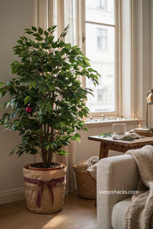 Easy Christmas decor with ribbon wrapped potted plants 