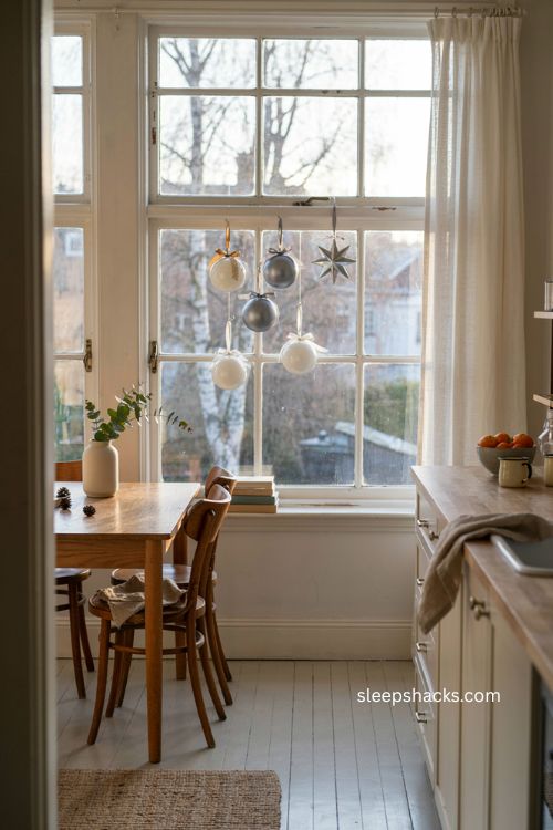 Easy Christmas decor with white and silver ornaments in a window 