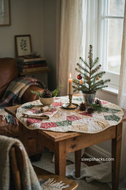 Easy Christmas round table topper and mini tree skirt quilt pattern