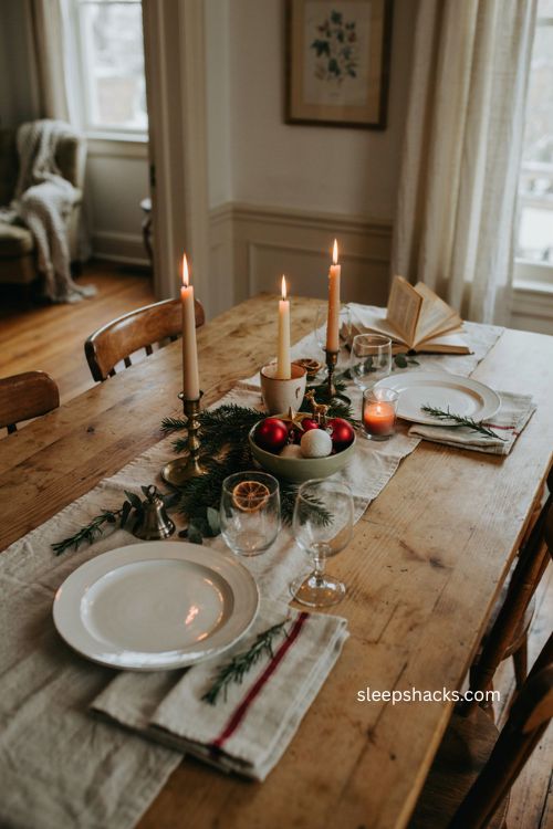 Easy Christmas table decorations with candles greenery and ornaments 