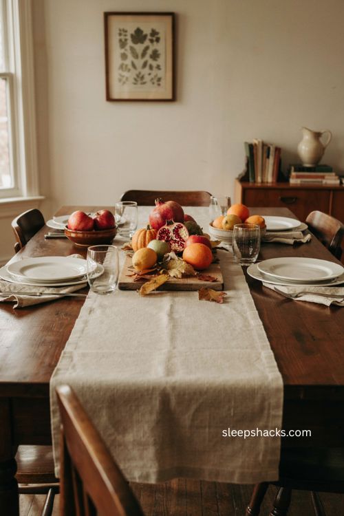 Easy Thanksgiving table decor with apples pomegranates squash citrus and fall leaves