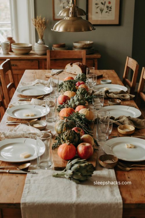Easy Thanksgiving table decor with artichokes squash apples and edible centerpiece