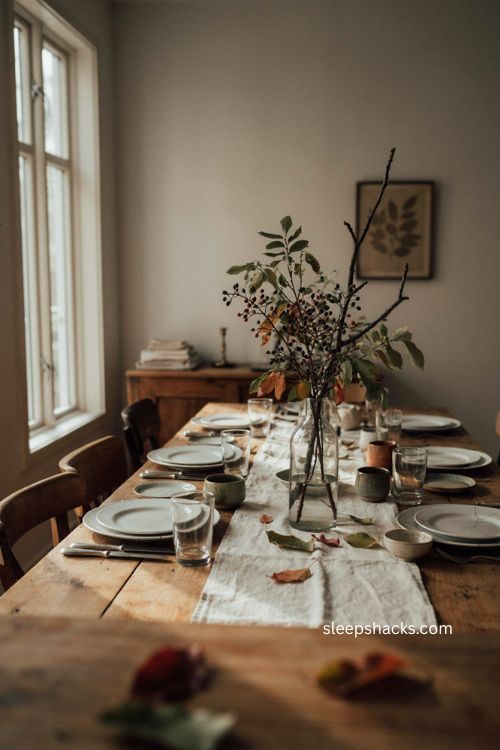Easy Thanksgiving table decor with foraged branches in a vintage vase