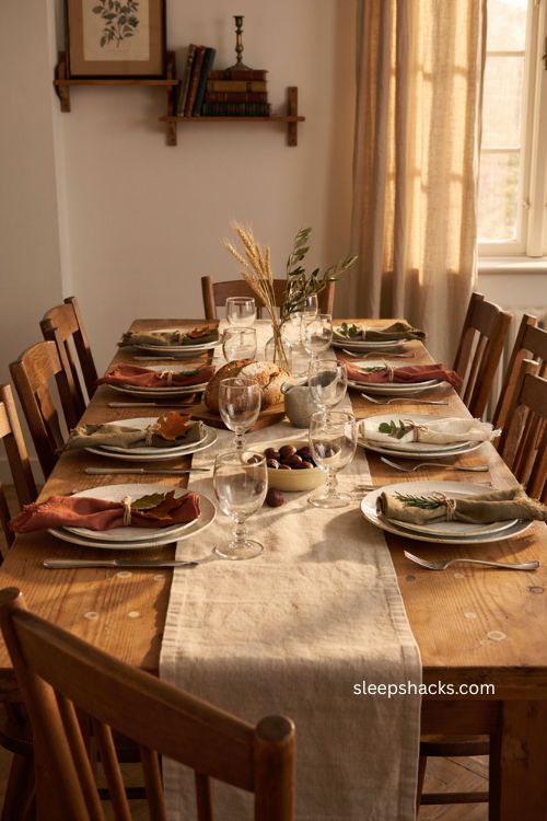Easy Thanksgiving table decor with foraged greenery tied napkins and twine