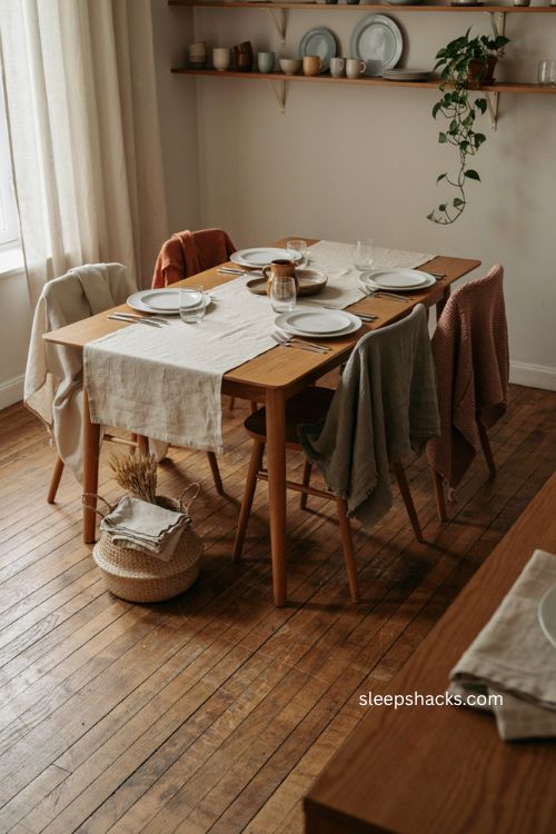 Easy Thanksgiving table decor with layered linen wool and cotton chair textures