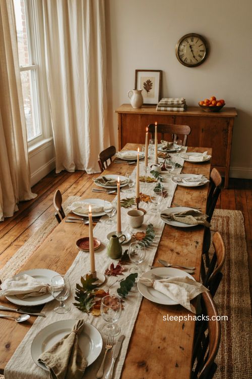 Easy Thanksgiving table decor with leafy stems taper candles and simple linen runner