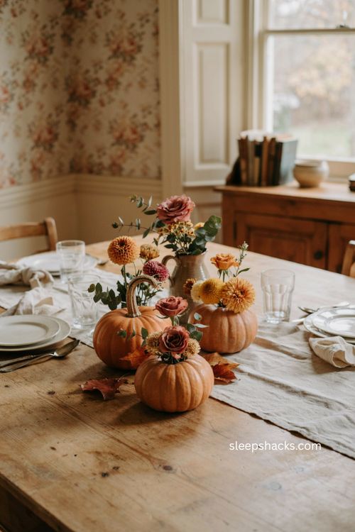 Easy Thanksgiving table decor with mini pumpkin flower vases and fresh florals