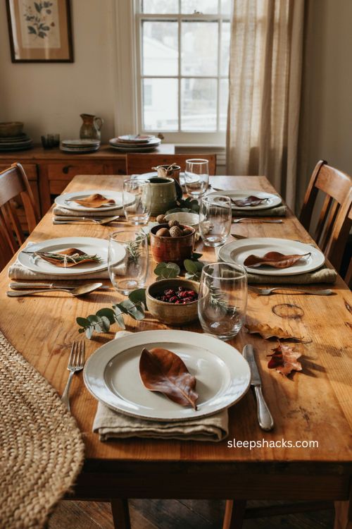Easy Thanksgiving table decor with natural leaf place cards and linen napkins 