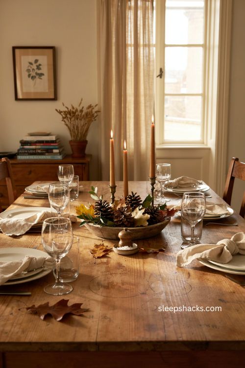 Easy Thanksgiving table decor with pinecone centerpiece candles and fall greenery