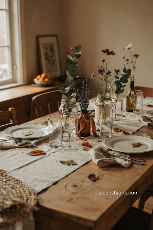 Easy Thanksgiving table decor with repurposed jar vases and greenery 