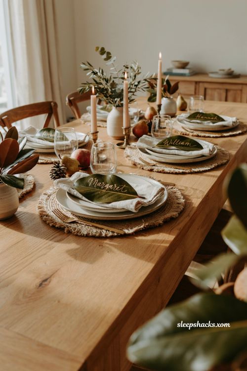 Easy Thanksgiving tablescape with magnolia leaf place cards and linen napkins