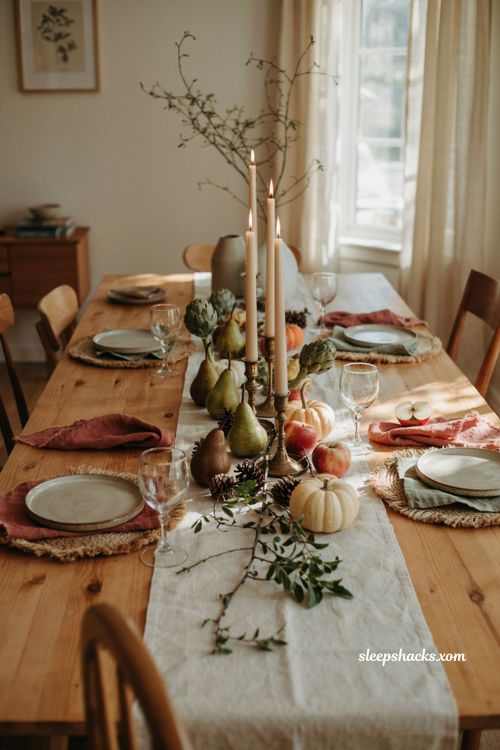 Easy Thanksgiving tablescape with pears apples pumpkins and natural harvest centerpiece