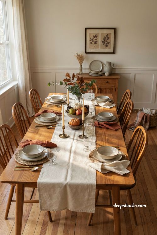 Easy Thanksgiving tablescape with simple natural centerpiece and autumn table decor