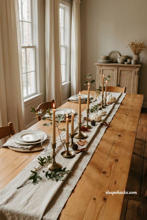 Easy Thanksgiving tablescape with yard clippings candles and natural greenery centerpiece
