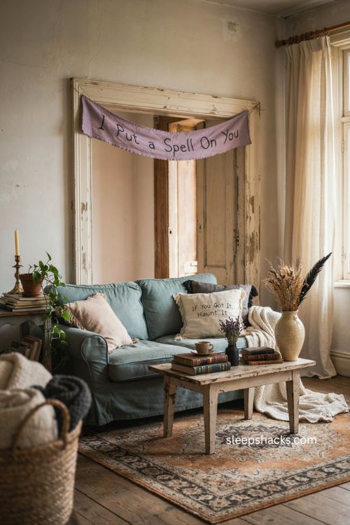 Eclectic Halloween pillows signs and spell books in a cozy living room 