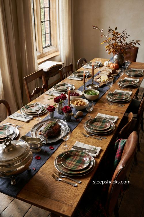 Eclectic silver tureens and modern porcelain Thanksgiving table with tartan china and Ralph Lauren style 