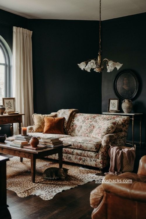 Eclectic vintage black living room with floral sofa animal print rug and antique decor 