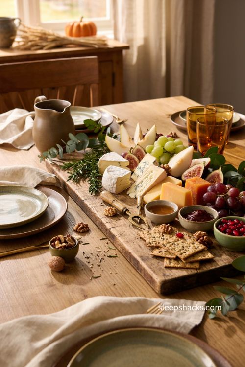 Edible Thanksgiving centerpiece with cheese fruit herbs and rustic fall table decor 