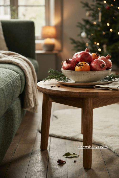 Edible christmas end table decor with pomegranates oranges cloves and greenery 