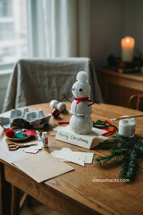 Egg carton snowman Christmas card for kids with 3D recycled snowman felt scarf pom pom hat and holiday craft 