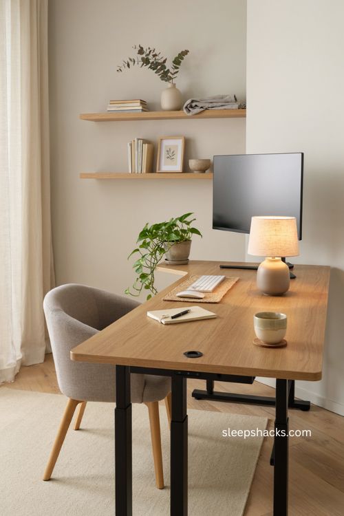 Electric standing desk with smooth quiet height adjustment in a cozy home office 