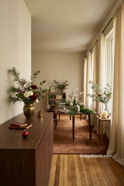 Elegant Christmas office decorating ideas with festive red green and white floral arrangements 