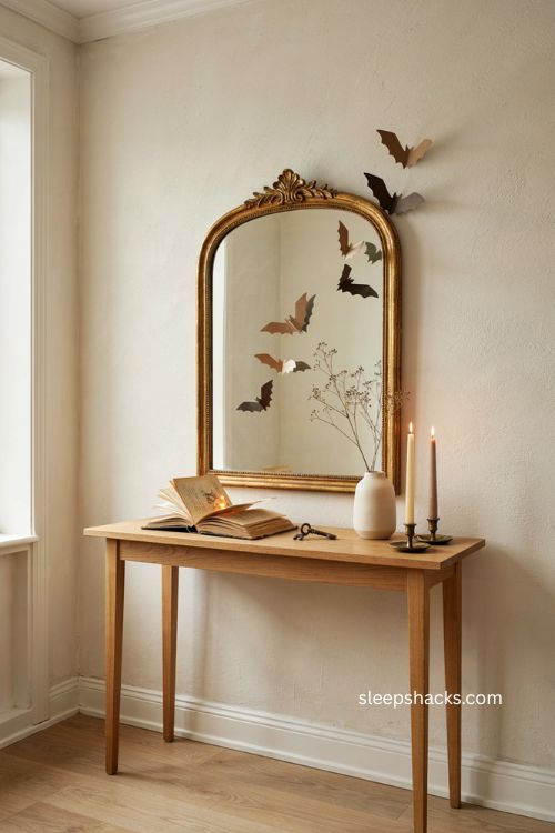 Elegant Halloween entry table with open spellbook paper bats gold mirror and dried branches