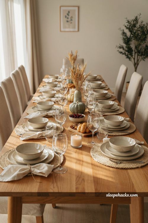 Elegant Thanksgiving table for a crowd with neutral dinnerware woven placemats dried gourds and candles