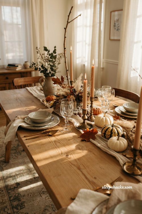 Elegant Thanksgiving table setting ideas with vintage plates linen napkins and autumn centerpiece