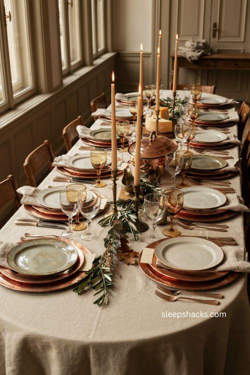 Elegant Thanksgiving table with copper accents and greenery 