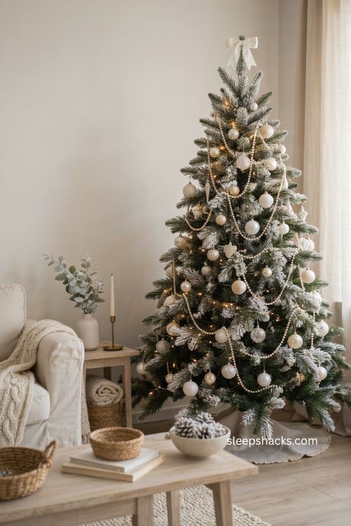 Elegant all white Christmas tree decorated with pearls and warm lights 