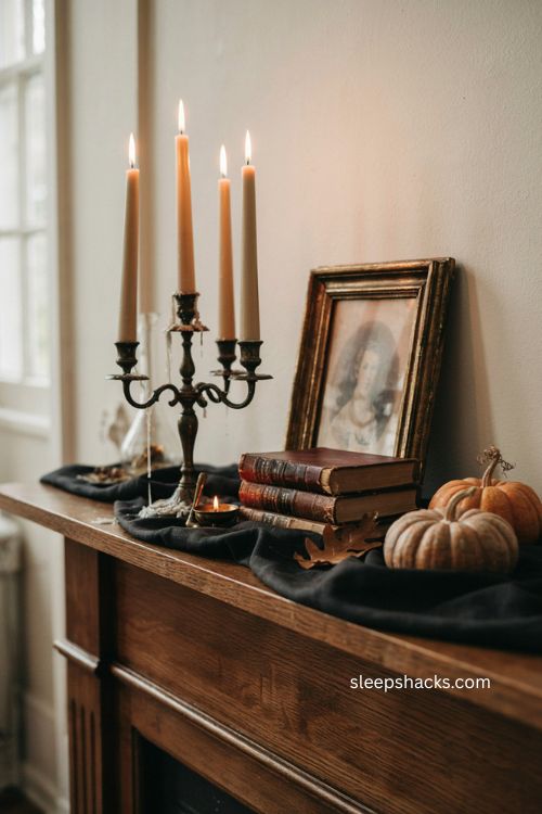 Elegant candelabra and old book vignette for gothic retro Halloween decor 