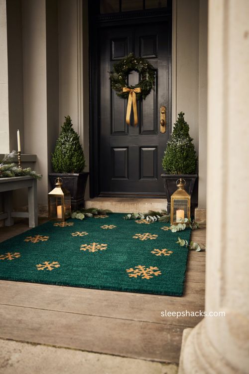 Elegant gold and green snowflake Christmas doormat with sophisticated holiday porch decor 