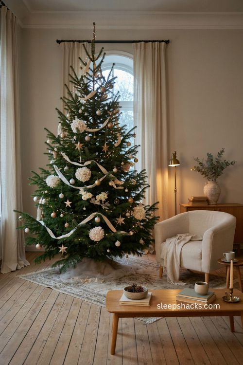 Elegant gold and white winter Christmas tree with pearl ornaments cream velvet ribbon and warm lights