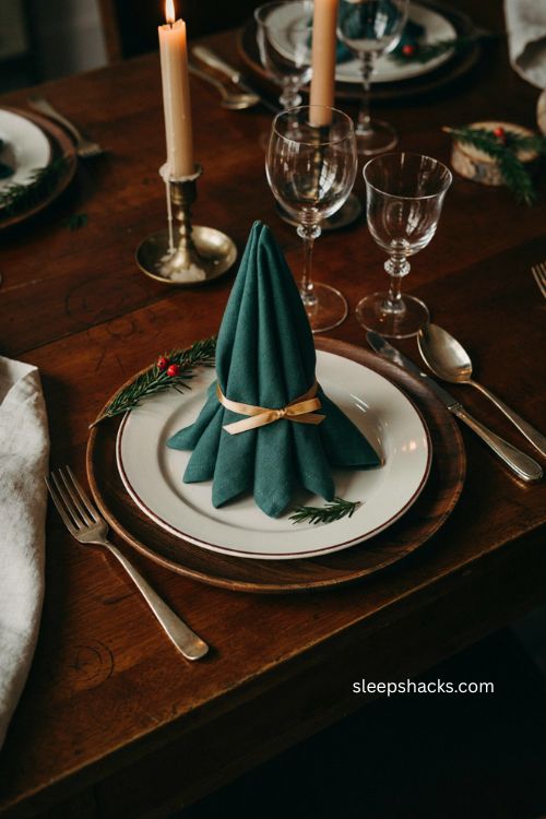 Elegant jewel tone Christmas tree napkin folding with metallic ribbon 