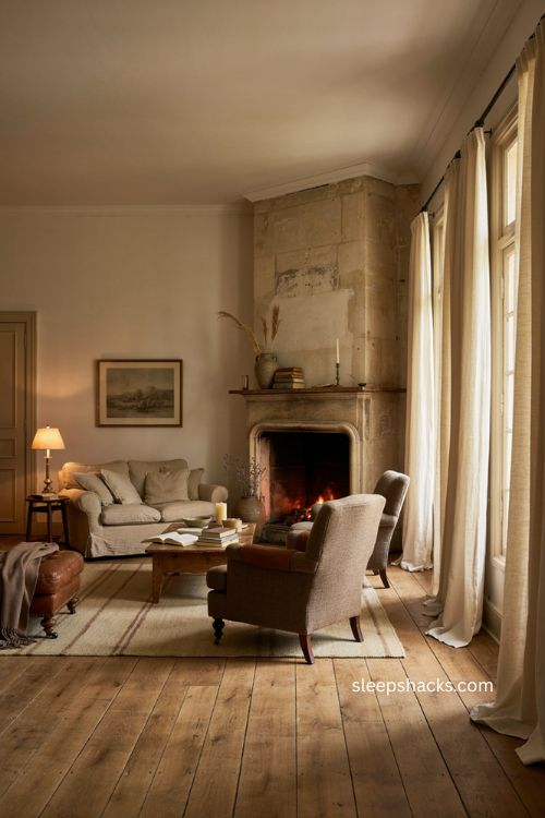 Elegant living room decor with fireplace focal point and timeless vintage furniture 