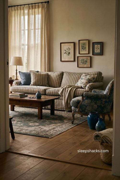 Elegant living room decor with layered blue patterns stripes florals and vintage textures 