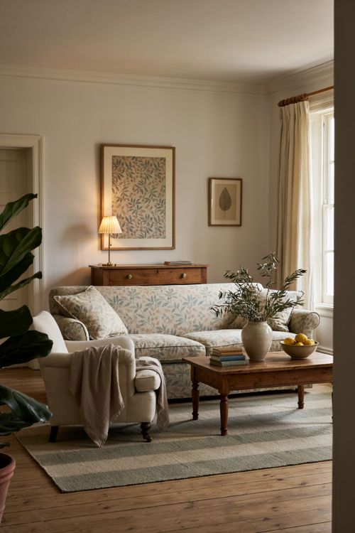 Elegant living room decor with repeated botanical fabric and cohesive vintage styling 
