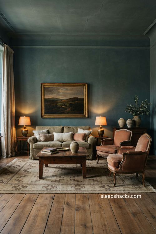 Elegant living room decor with rich smoky green blue walls and layered vintage accents 