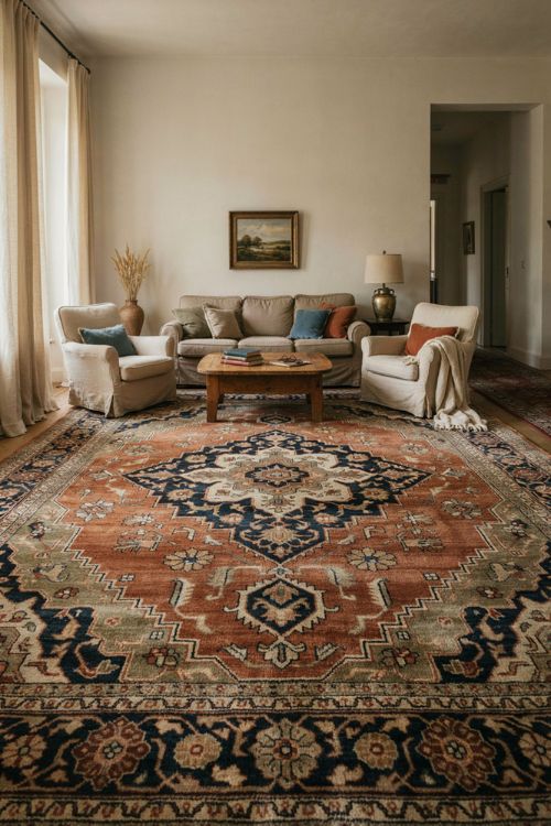 Elegant living room decor with statement hand knotted rug and timeless vintage furniture 