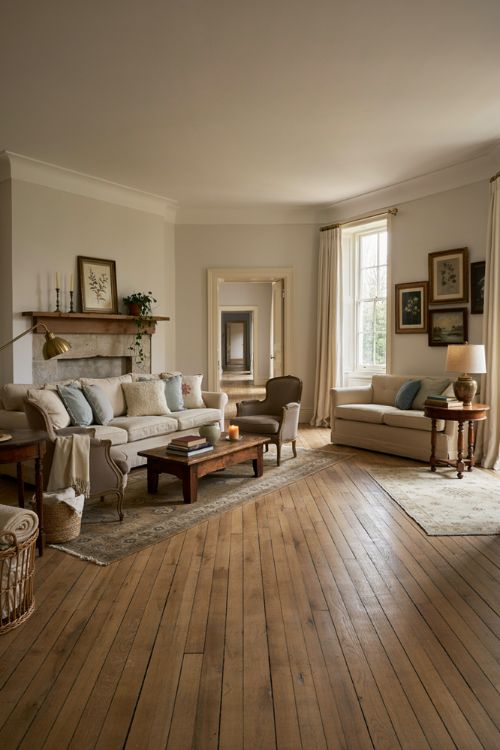 Elegant living room decor with two cozy conversation areas and layered vintage seating 