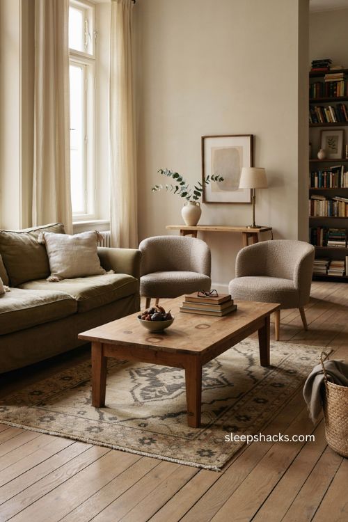 Elegant living room decor with vintage furniture and timeless neutral styling