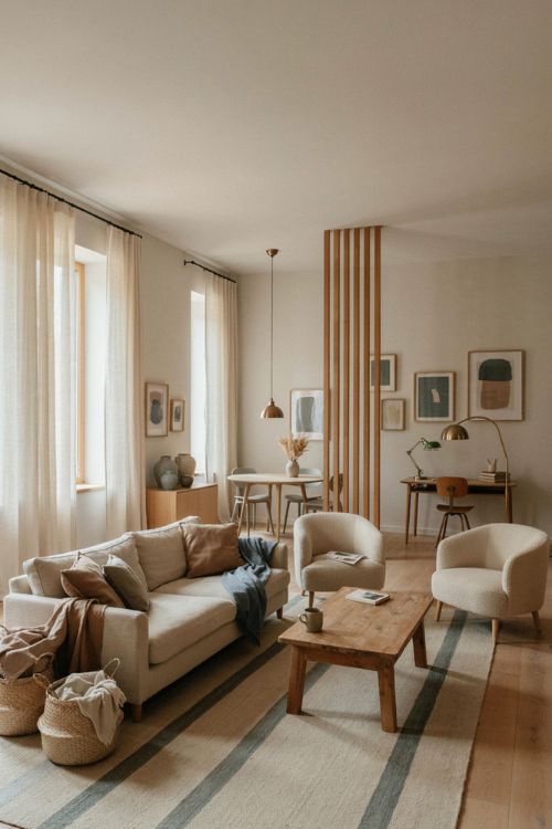 Elegant living room decor with wood slat room divider and defined open plan zones 