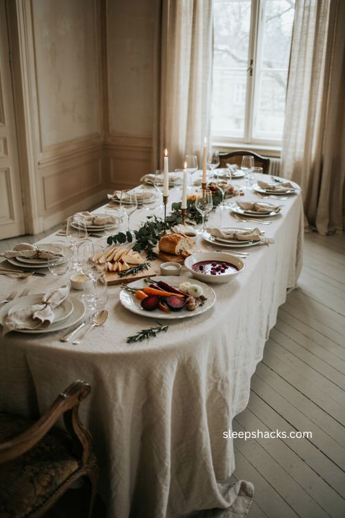 Elegant monochromatic white Thanksgiving table setting 