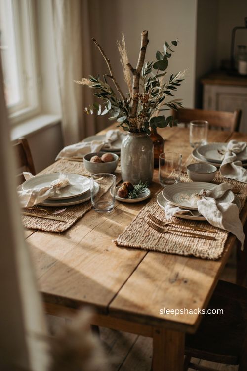 Elegant neutral fall tablescape with linen napkins eucalyptus and woven placemats