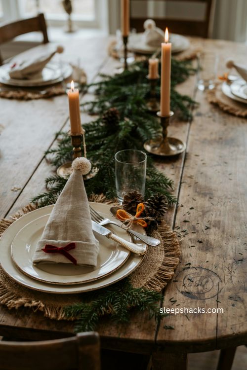 Elf hat napkin folding idea for a fun Christmas family table 