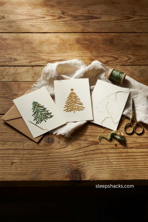 Embroidered Christmas tree cards with simple hand stitching and cozy handmade holiday charm 