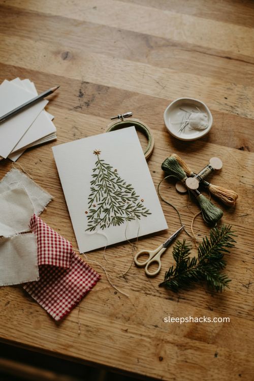 Embroidered holiday tree Christmas card with handmade thread details 