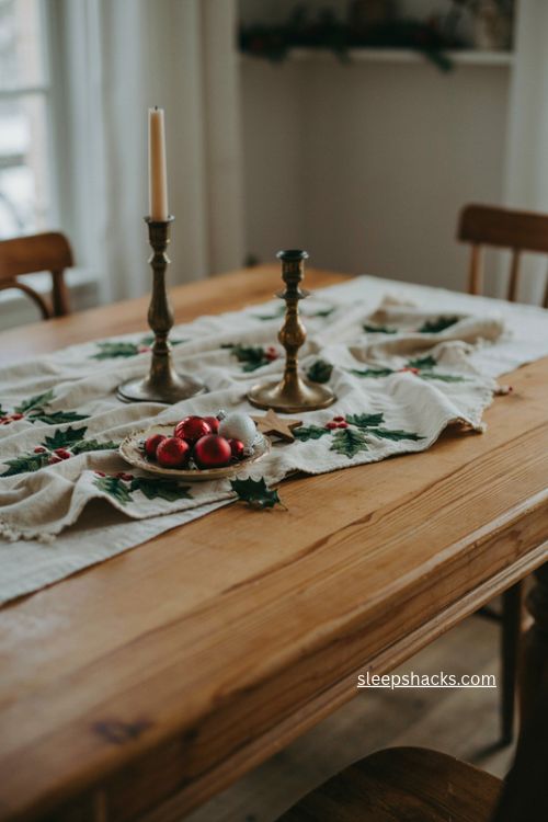 Embroidered holly throw Christmas sideboard decor with vintage cottage charm