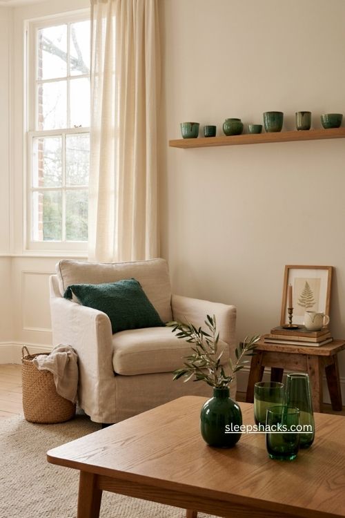 Emerald green accent decor in a warm neutral living room with cozy natural textures